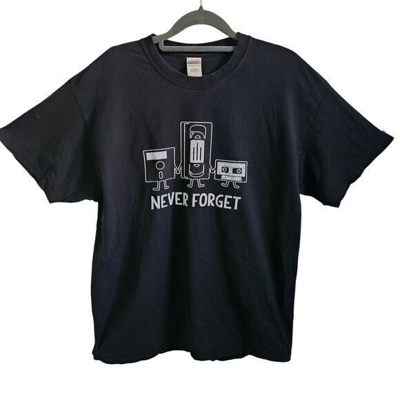 Gildan Size L Never Forget Graphic Tee Cassette Tape VHS Floppy Disc 90s Retro - Picture 1 of 6